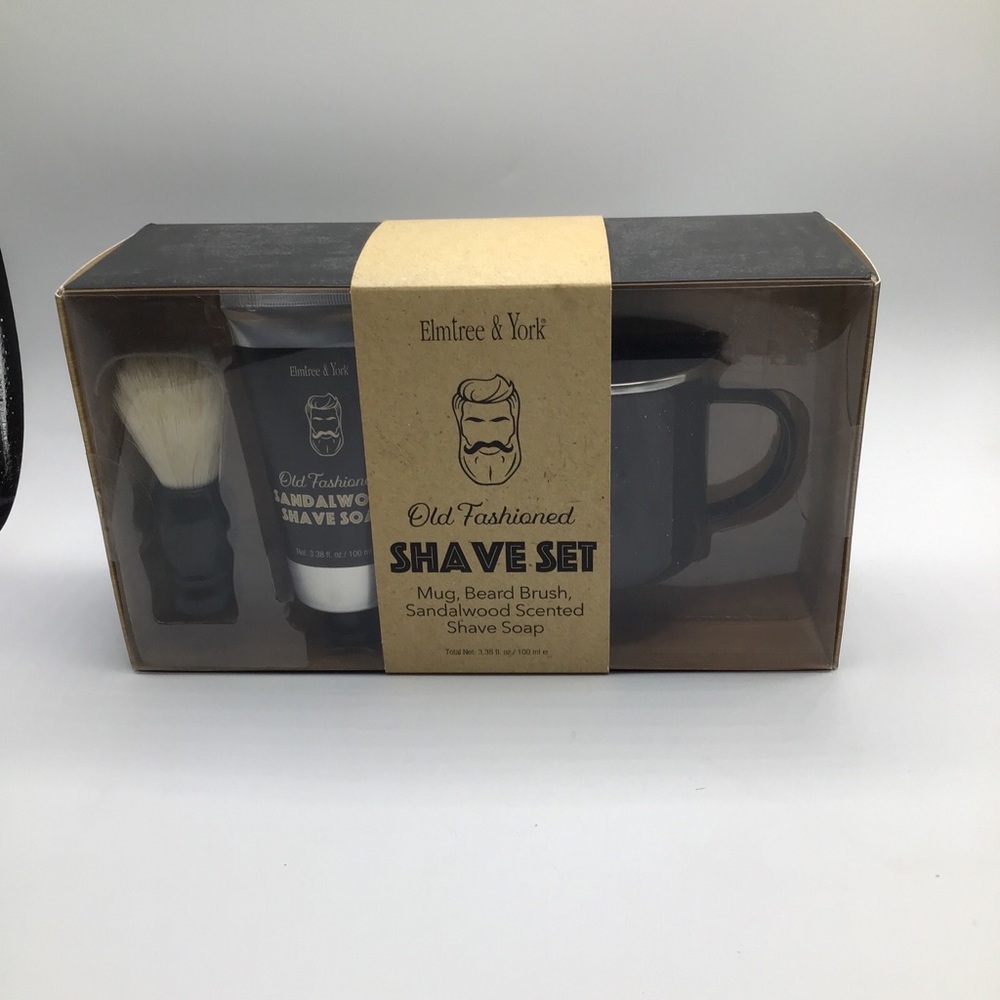 Elmtree & York Old Fashioned Shave Set-Mug/Beard Brush/Sandalwood Shave Soap NEW